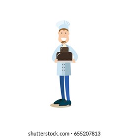 Vector illustration of confectioner holding two tiered chocolate cake. Cook people concept flat style design element, icon isolated on white background.