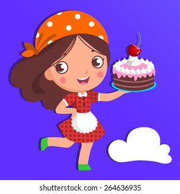 Vector illustration of a confectioner woman with a chocolate cake in her hand.