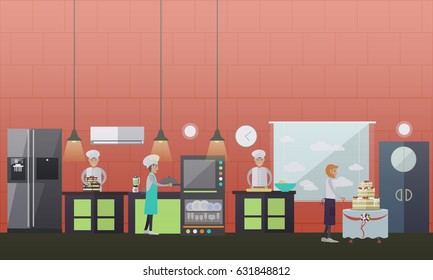 Vector illustration of confectioners rolling the dough, putting dough into oven, decorating ready cake. Waiter getting big cake with three tiers to serve it to customer. Pastry store flat style design