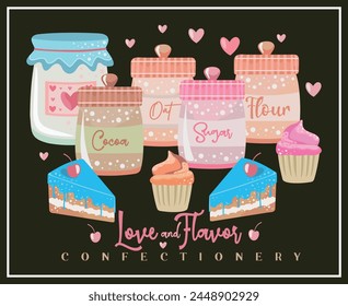 Vector illustration of confectionery ingredients and cakes and cupcakes. Art in a simple and delicate style.
