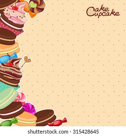 Vector illustration of confectionery products in the form of frames, cards, menus, stickers, banners. Bakery background frame with sweets, confectionery, sweets, desserts on textured paper background.