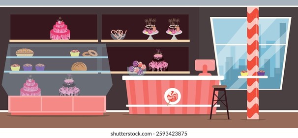 Vector illustration of a confectionery shop. Cartoon scene of interior of confectionery shop with showcase, computer, counter, pastries, muffins, cupcakes, cakes, cookies, candy cane, lollipops.