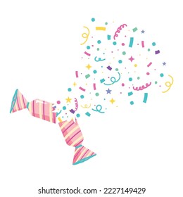 Vector illustration of confetti for denouement day decoration. Pink clapper for holiday party with confetti.
