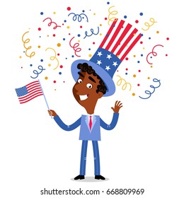 Vector illustration of confetti showering happy patriotic cartoon American businessman wearing stars and stripes hat celebrating Fourth of July