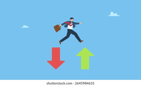 Ilustração vetorial de confiança investidor investidor salta de vermelho apontando para baixo seta para verde levantando-se. Plano financeiro, poupança e investimento ou recuperação do mercado de ações e conceito de recuperação econômica.