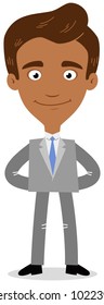 Vector illustration of a confident asian cartoon businessman smiling friendly with arms behind his back isolated on white background