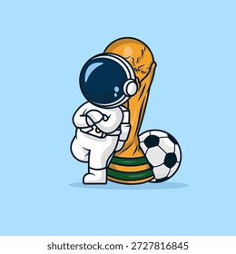 Vektorgrafik eines selbstbewussten Astronauten, der mit gekreuzten Armen an einer prestigeträchtigen WM-Trophäe lehnt und darunter einen Fußball platziert.