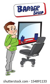 Vector illustration of confident barber standing at his shop.