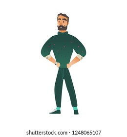 Vector illustration of confident bearded man in green knitted sweater and pants standing with hands in sides and looking forward - isolated young male cartoon character in cold season.