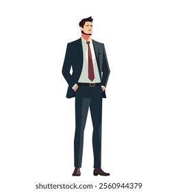 Vector illustration of a confident businessman in a formal suit, representing leadership, ambition, and professional success. Ideal for business, career, and motivation concepts