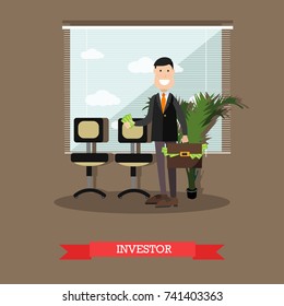 Vector illustration of confident businessman holding money in one hand and briefcase full of money in another hand. Investor flat style design element.