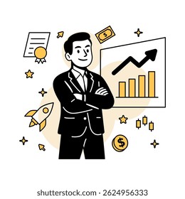Vector illustration of a confident businessman standing with arms crossed in front of a rising stock chart, symbolizing success, investment growth, and financial leadership.