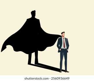 Vector illustration of a confident businessman in a suit with a superhero shadow in the background, symbolizing inner strength, ambition, and potential. Ideal for concepts of leadership and motivation