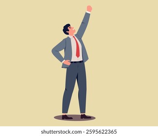 Vector illustration of a confident businessman in a suit raising his hand in victory. Perfect for success, leadership, motivation, career growth, and achievement themes