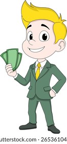 Vector illustration of a confident cartoon businessman with bright blonde hair, wearing a green suit and yellow tie, smiling while holding cash in one hand