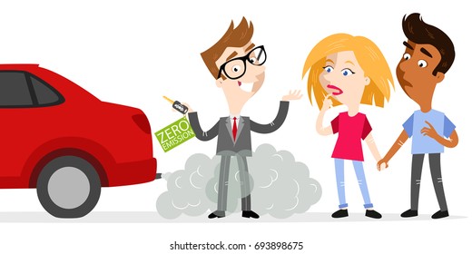 Vector illustration of confident cartoon salesman holding car keys labeled zero emission whilst standing in exhaust gases with skeptical customers looking at fumes