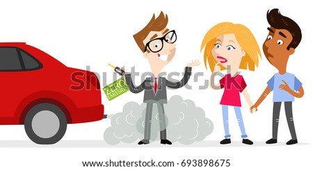 Vector illustration of confident cartoon salesman holding car keys labeled zero emission whilst standing in exhaust gases with skeptical customers looking at fumes