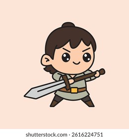 Vector illustration Confident chibi warrior with a sword and simple outfit, ready to strike in a battle pose