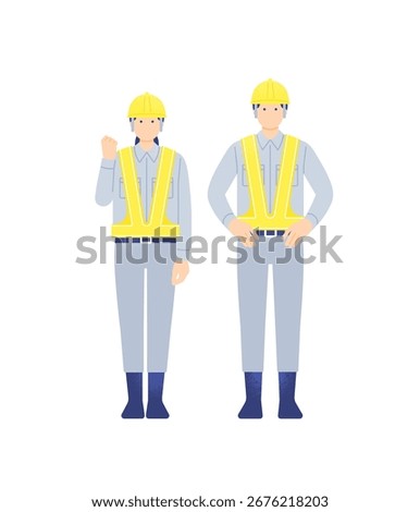 Vector illustration of confident construction workers, a man and a woman in safety vests.