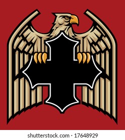 Vector illustration of a confident eagle perched on a simple blank cross shape.