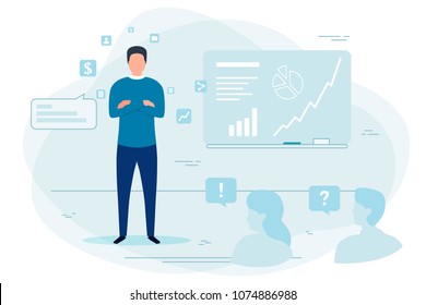 Vector illustration - confident man showing presentation in office, answering questions.  Banner, poster template with place for your text.
