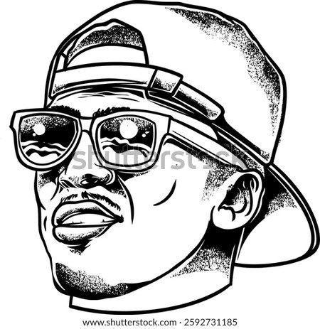Vector illustration of a confident man wearing sunglasses and a backward cap. Bold, detailed, and stylish, ideal for urban fashion, branding, and streetwear designs.