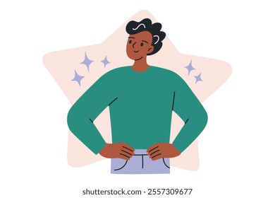 Vector illustration of confident person standing with smile, hands on hips, and star shaped background. Self confidence psychology concept. Flat cartoon design, positive and inspiring character