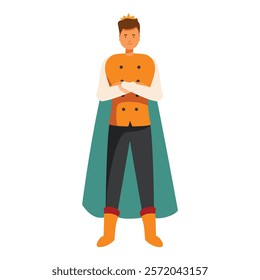 Vector illustration of a confident prince wearing a crown, orange tunic, green cape, and boots, standing with his arms crossed