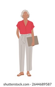Vector illustration of a confident senior woman in summer smart casual clothes holding a laptop, isolated on white background. Perfect for business, technology, and senior lifestyle designs.