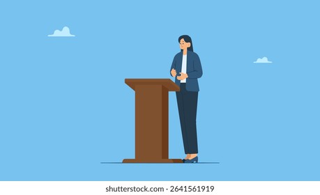 Vector illustration of confident speaker behind podium during stage speech. Smiling woman talking before audience. Female leader at public speaking. Good presentation of businesswoman.