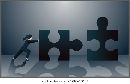 vector illustration of confident strong motivated business woman connecting elements of success puzzle, business woman encourages puzzel to connect it with gray background