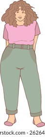 vector illustration of confident woman in pink shirt and green pants – modern body positive fashion character in flat style