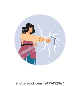 Vector illustration of a confident woman smashing a glass barrier with her fist on a white background. This character embodies success and ambition.