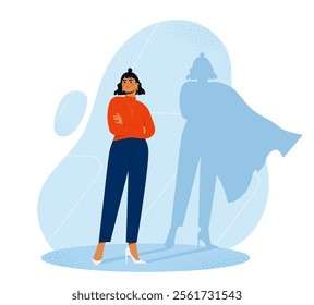 A vector illustration of a confident woman standing with arms crossed, her shadow reflecting a superhero with a cape. Concept of inner strength, empowerment, and self-confidence.