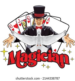 vector illustration of a confident young magician showing tricks playing cards or by using a dove on a white background, which is perfect for posters, t-shirts, web, flyers