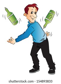 Vector illustration of confident young man juggling bottles on white background.