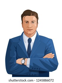 Vector illustration of confident young white businessman cross-armed
 in the blue suit.