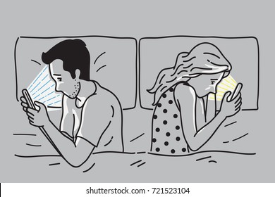 Vector illustration of conflict marriage couple lying back to back, using smartphone, social network, smartphone addiction, concept of couple relationship problem with technology. 