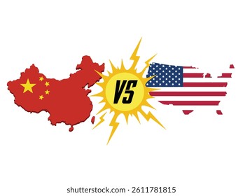 Vector illustration confrontation between China and the United States. Flat-style maps of China and the USA are facing each other, connected by a central yellow burst containing a bold "VS" symbol