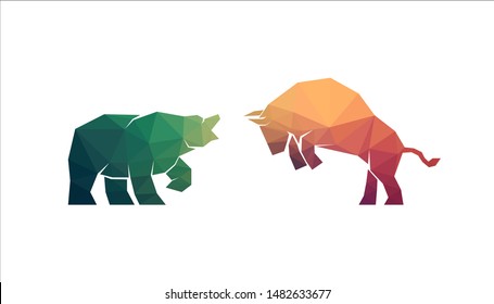 Vector Illustration Of Confrontation Between Two Market Participants - Bulls And Bears. Low Poly Design, EPS 10