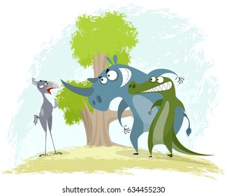 Vector illustration of a confrontation: bird secretary vs rhino and crocodile