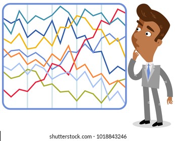 Vector illustration of a confused asian cartoon businessman looking at complicated colorful statistics.