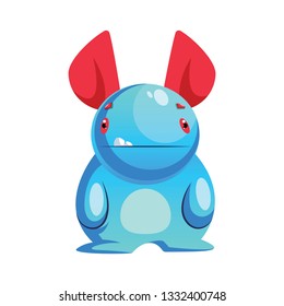 Vector illustration of confused blue monster character with huge red ears on white background.