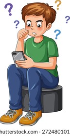 Ilustração vetorial de um menino confuso sentado e segurando um smartphone com pontos de interrogação flutuantes