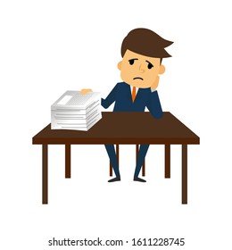 vector illustration confused business man while thinking lot of jobs and deadlines - flat cartoon style.