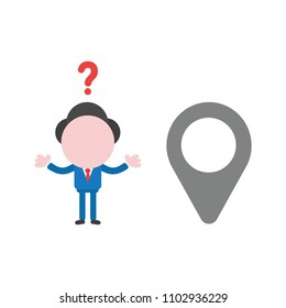 Vector illustration confused businessman character with map pointer.