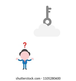 Vector illustration confused businessman character  with key on cloud.