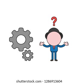 Vector illustration confused businessman character  with gears. Color and black outlines.
