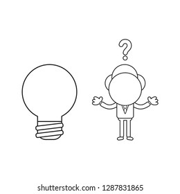 Vector illustration confused businessman character with light bulb icon. Black outline.