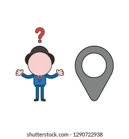 Vector illustration confused businessman character with map pointer. Color and black outlines.